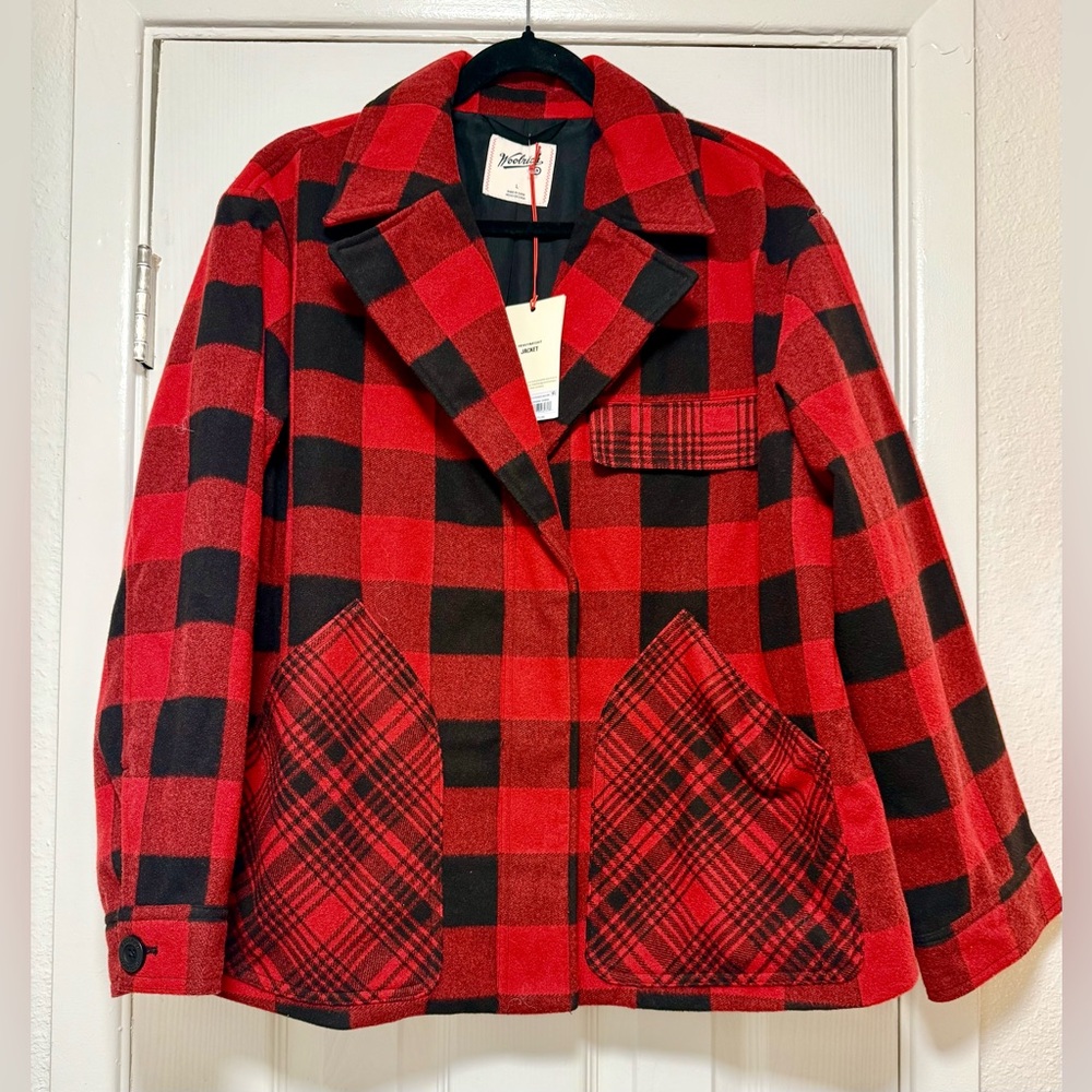 Woolrich Red and Black Plaid Pea Coat